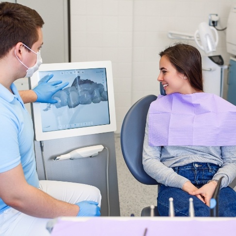 Dentist and patient looking at digital images on computer screen